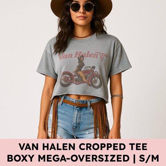 Urban Outfitters Tops - Van Halen Boxy Cropped Tee with Pin-Up Motorcycle Graphic S/M